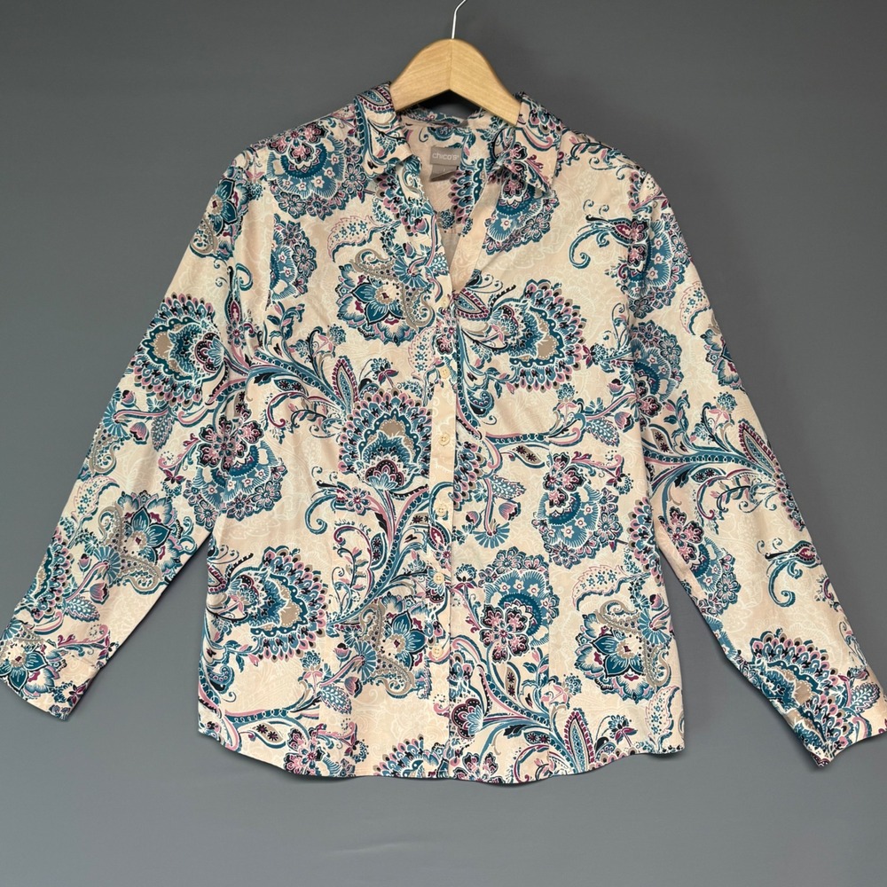 Chicos No Iron Button Down Shirt Womens 1 Medium Paisley Floral Cotton Blouse